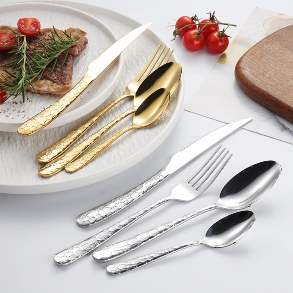 Juego de Cubiertos de Acero Inoxidable con Mango de Serpiente Forjado, vajilla de Cocina, Cubiertos, Cuchillo, Tenedor, Cuchara y cucharilla (Plata, 16 Piezas)