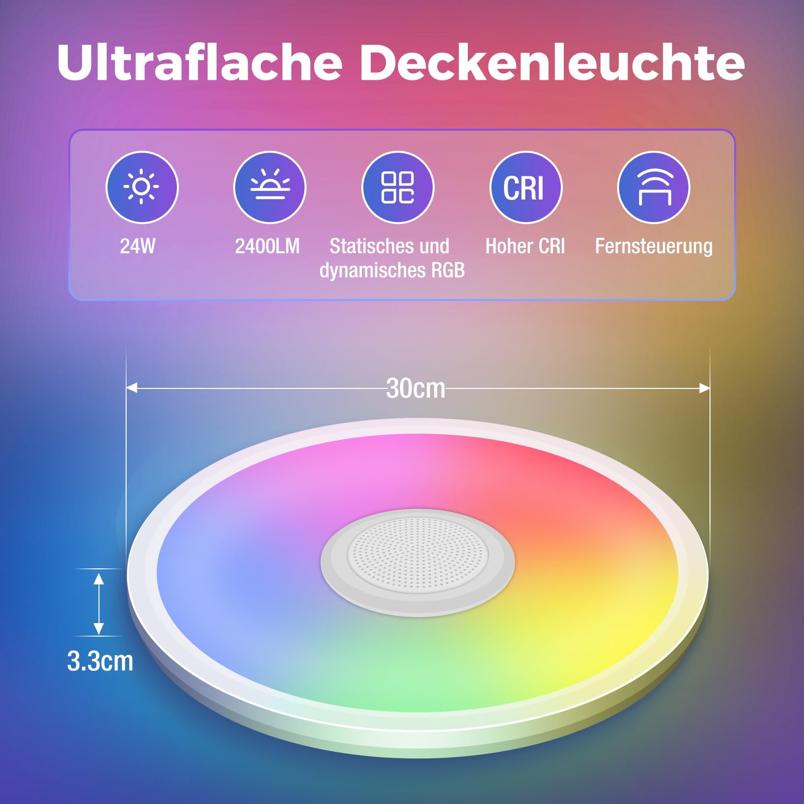 zemty ø30cm Plafoniera RGB con Altoparlante Bluetooth, 24W LED Plafonieras Cambio Colore Dimmerabile, Plafoniera Intelligente con Controllo APP e Telecomando per Camera Bambini Soggiorno Bagno
