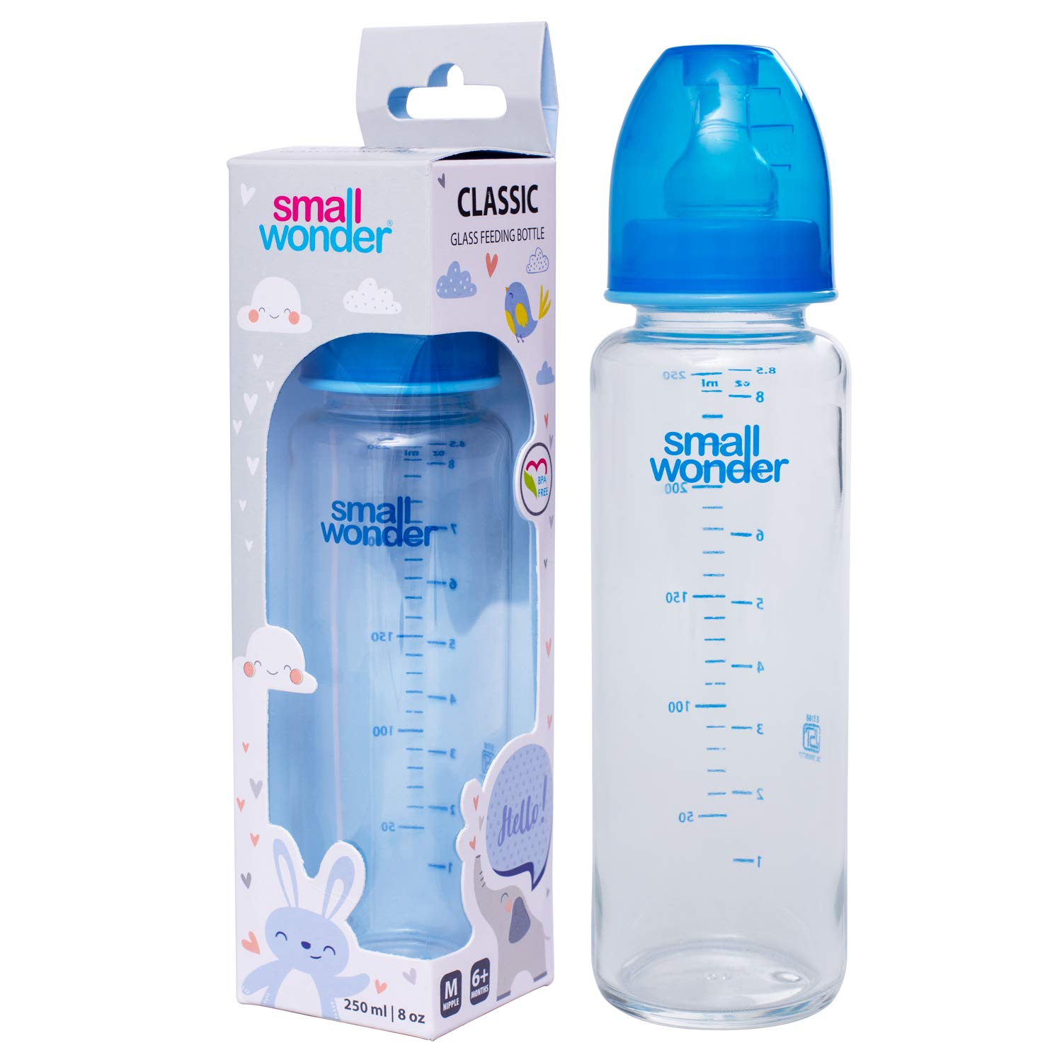 Small Wonder Borosilicate Glass Baby Feeding Bottle - 250 ml Pack of 1 | 100% BPA Free & Anti-Colic Silicone Nipple | Safe & Comfortable Feeding for Infants Blue Colour-image-34