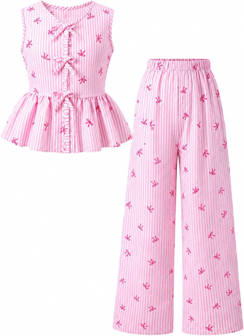Azmxynol Tween Girls Clothes Summer 2 Pieces Outfit Set Sleeveless Shirt With Bow + Wide Leg Pants, Size 8-13 Years
