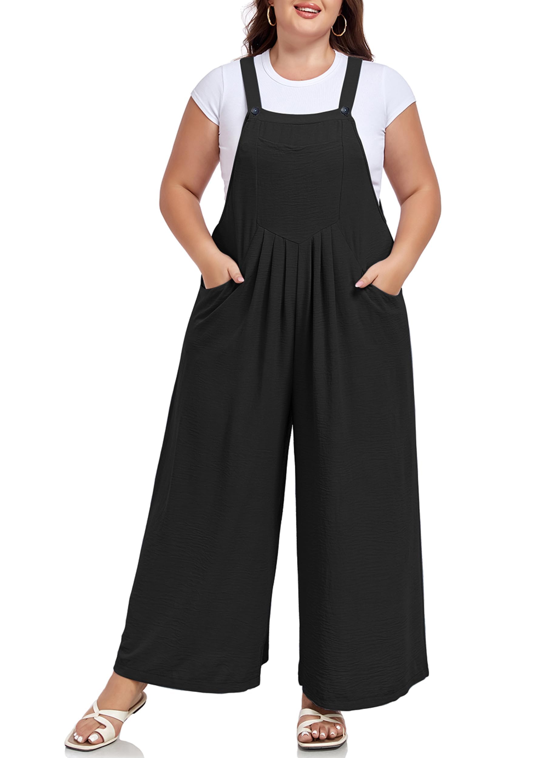 Moon Wood Plus Size Overalls for Women Loose Fit Bib Rompers Adjustable Straps Wide Leg Jumpsuits with Pockets