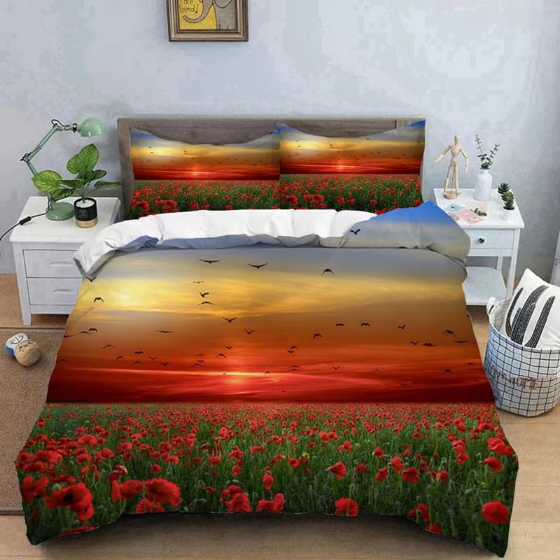 Housse de couette 220x240 coquelicot et taies en microfibre douce