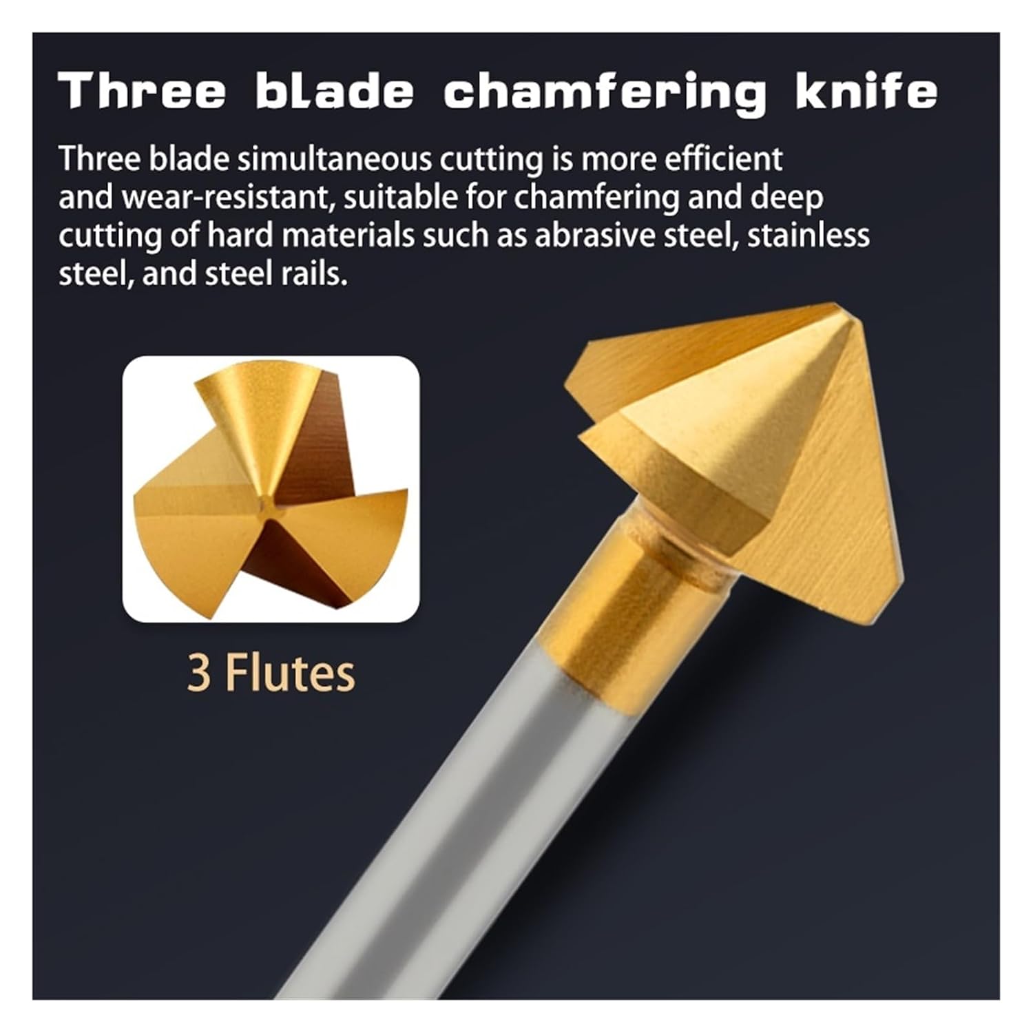 Chamfer Countersink Drill Bit HSS with Cobalt Chamfering Knife Ti-Plated 90 Degrees Single-Edged Three-Flute Countersink Hole Deburring Trimmer Chamfer(10pcs,40MM_1FLUTE)