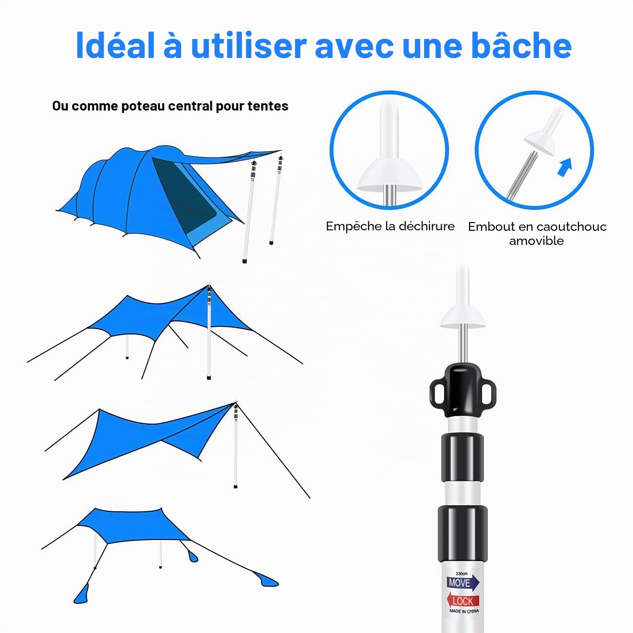 Poteaux de tente, LAMA [Pack de 2 90-230cm] Piquet de camping télescopique avec 6 piquets de tente et 6 cordes en nylon pour moustiquaire de tente, tentes, bâches, auvents, camping, abris, toile de