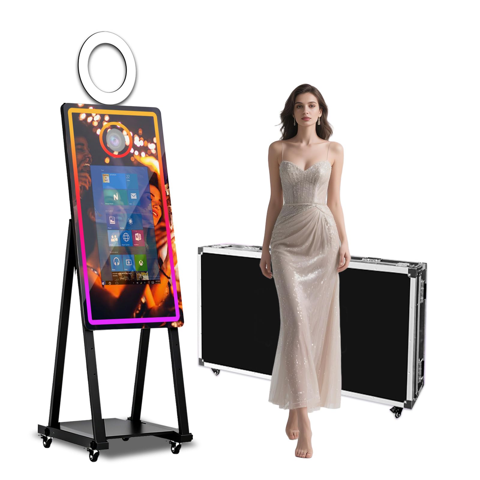 Maszyna do fotobudki fotograficznej z magicznym lustrem 101.6 cm z ekranem dotykowym 55.9 cm i lampą wypełniającą, z futerałem lotniczym, wbudowanym mini PC, sterowanie aplikacją, światło RGB na