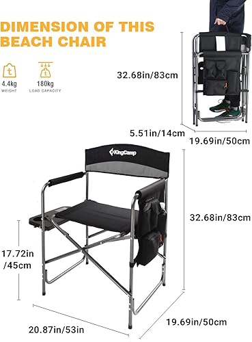 Miniatura 8 de KingCamp silla de director plegable de campamento, silla con asiento acolchado de gran tamaño con mesa y bolsillos laterales, soporta 396 libras