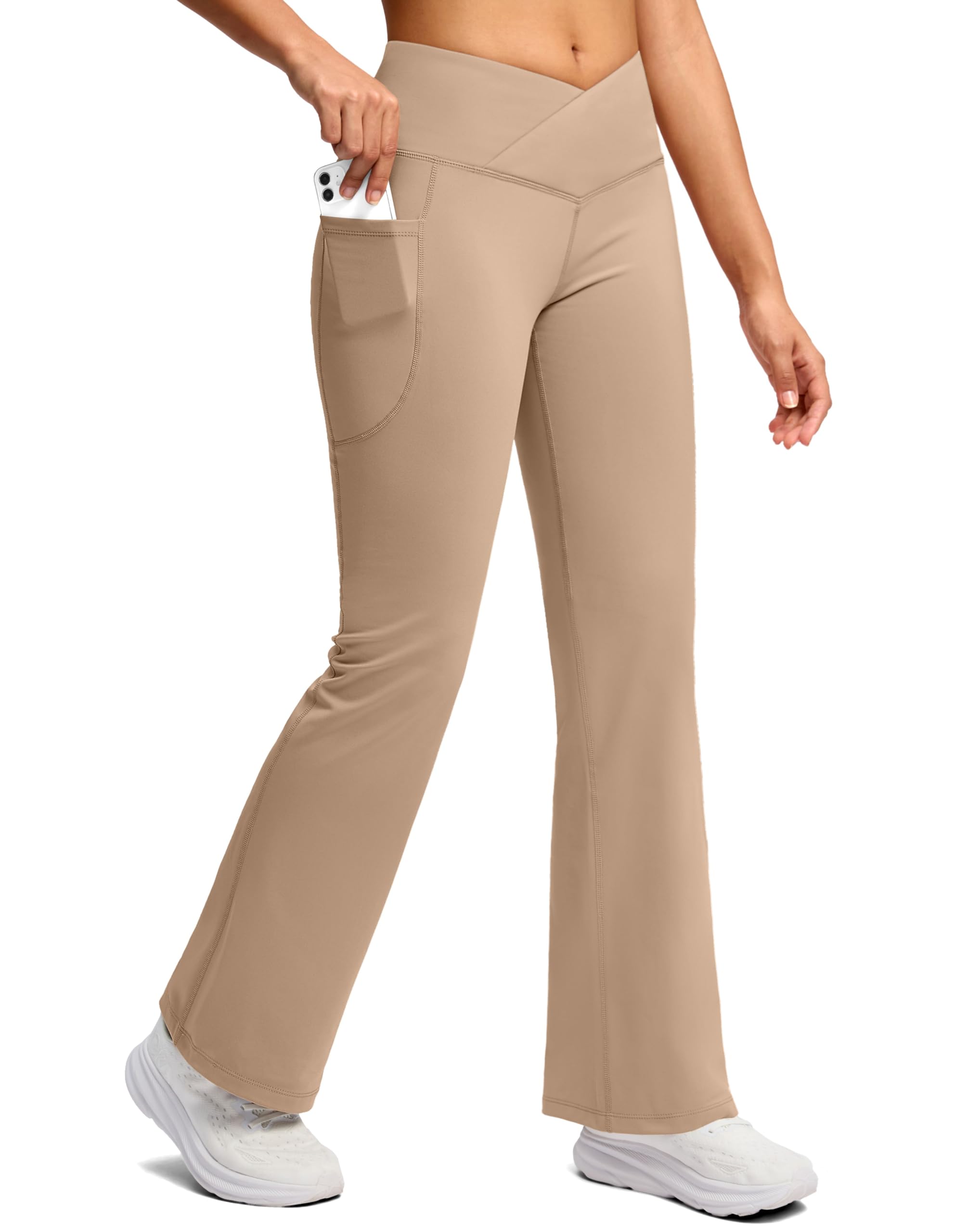 SANTINY Women's Fleece Lined Pants with Pockets Crossover Yoga Pants 28.5"/30.5"/32" Thermal Warm Flare Leggings for Women