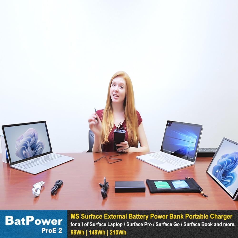 BatPower ProE 2 ES10B 148Wh MS Surface Power Bank for Surface Book 3 2 1 External Battery Surface Laptop 4 3 2 1 Surface Pro X 8 7 6 5 4 3 Go Portable Charger and Surface 120W Slim Charger Adapter