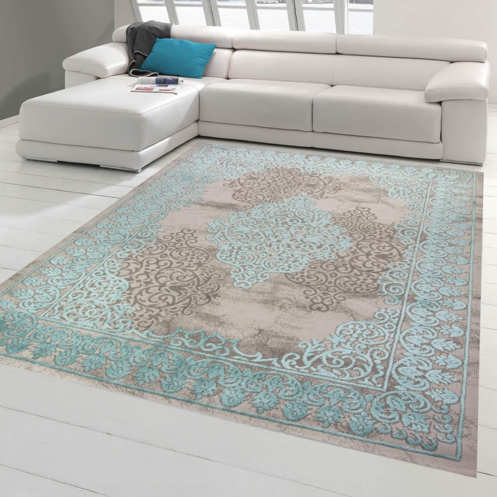 Merinos dywan do salonu z ornamentami, dywan vintage, turkusowy, szary, wymiary 200 x 290 cm