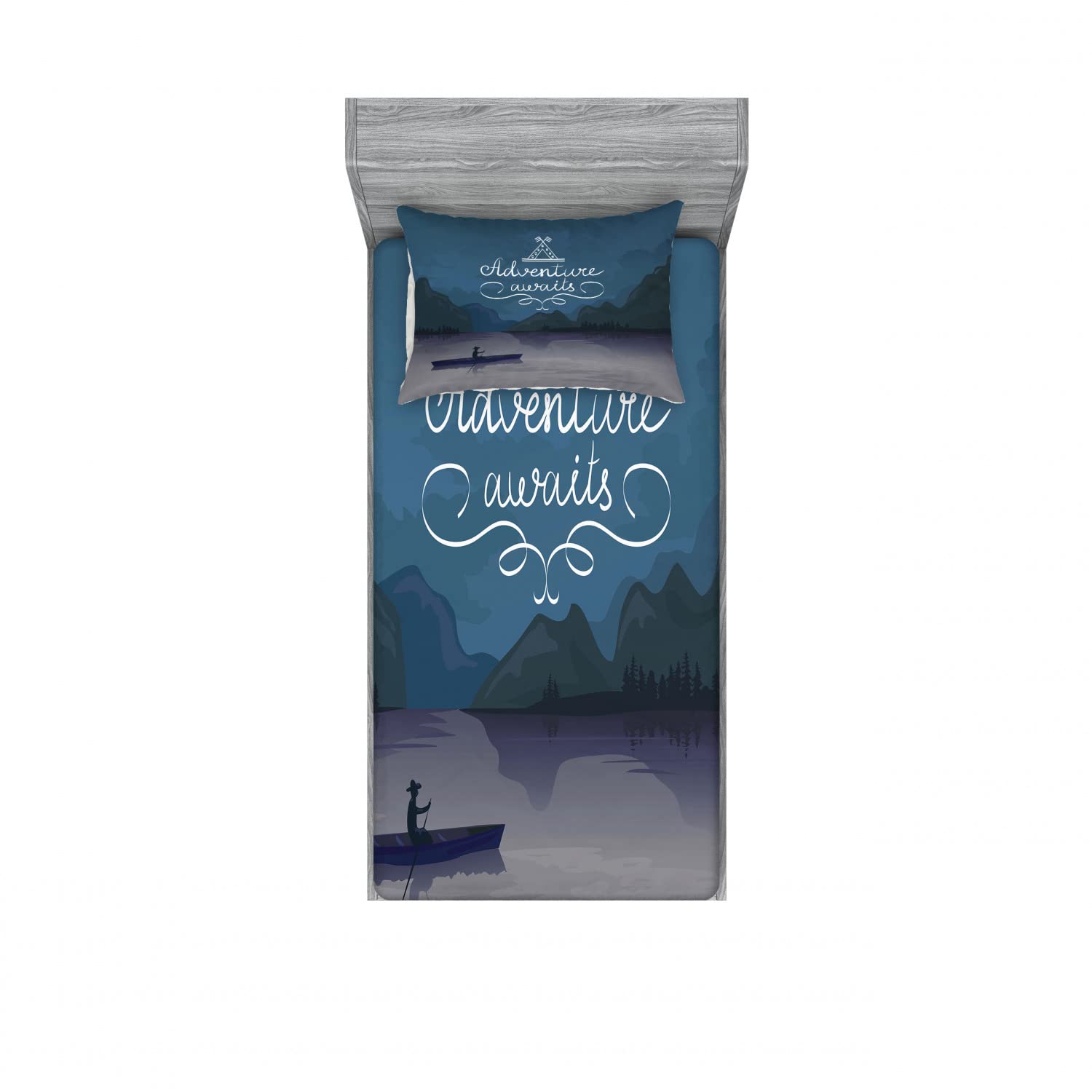 Ambesonne Saying 2 Pack Fitted Sheet & Pillow Sham Set, Kayak in a Lake Adventure, 4 Pcs Bedding Decor, Package Contains 2 Twin Size Fitted Sheets & 2 Pillow Covers, Purple Grey Teal