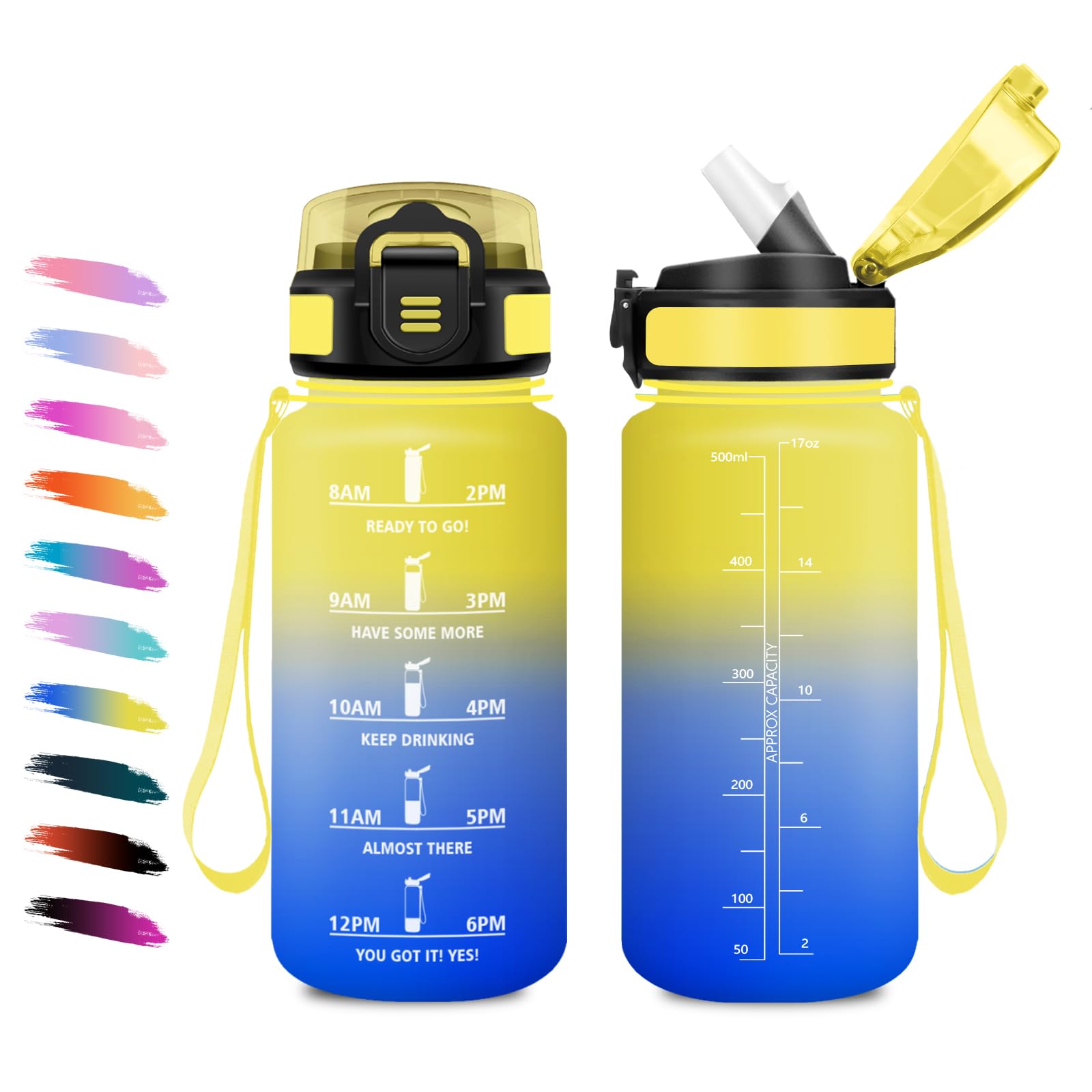 Borraccia 500ml, a Prova di Perdite, Bottiglia Bambina con Cannuccia, Bottiglia Acqua Sportiva con Indicatore del Tempo, Motivazionale Borraccia per Bambini, Campeggio, Scuola, Ufficio, Lavoro