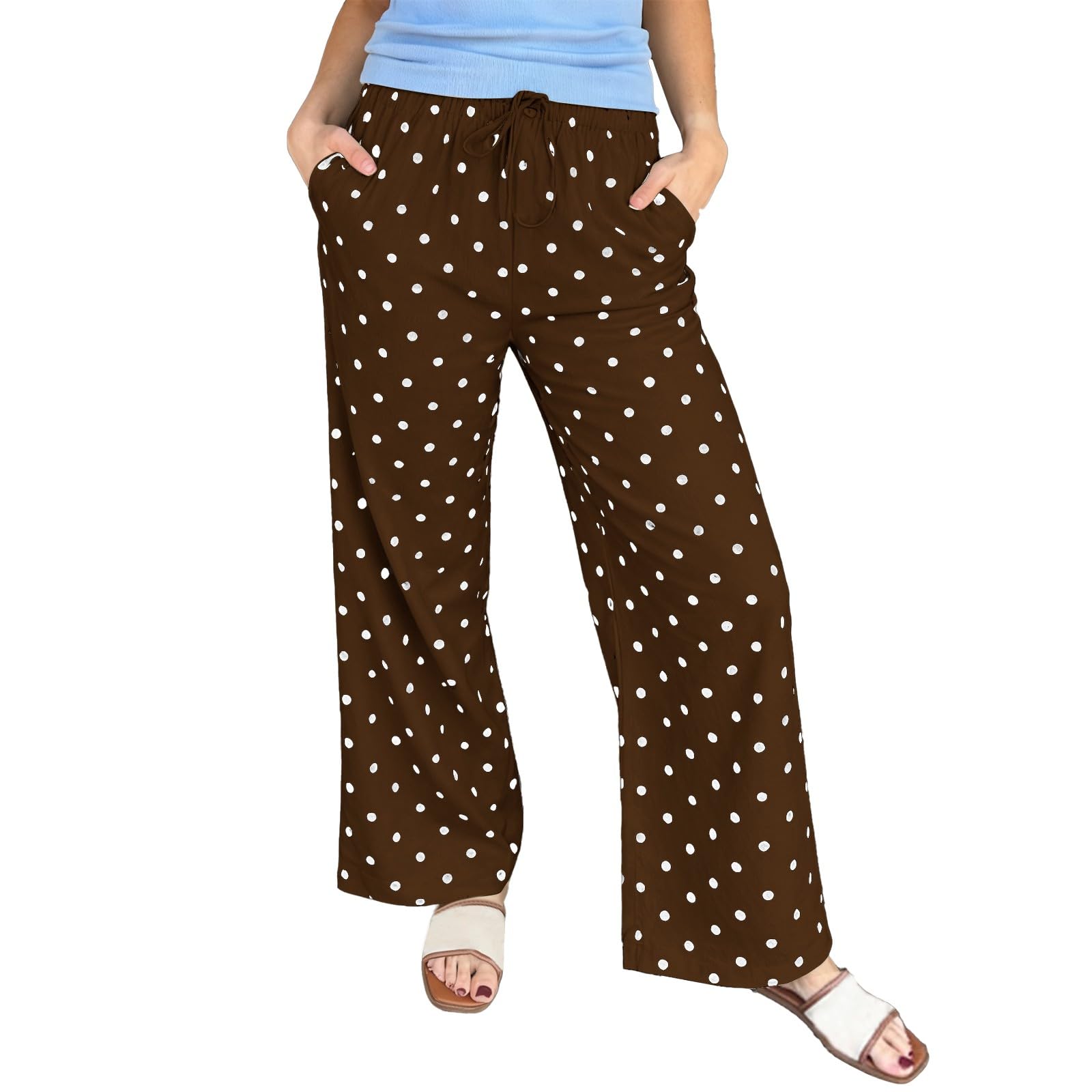 Pantaloni estivi da donna in raso, traspiranti, per il tempo libero, a vita alta, con pois, leggeri, traspiranti, in raso, con elastico in vita, eleganti, larghi