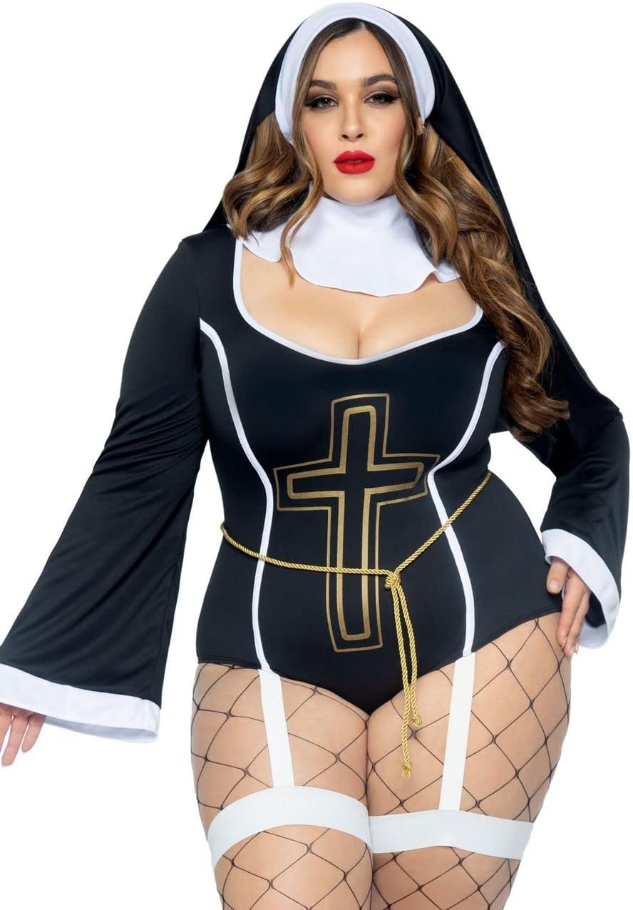 Leg Avenue Women's 4 Pc Sister Sin Costume with Bodysuit, Belt, Collar, Head Piece