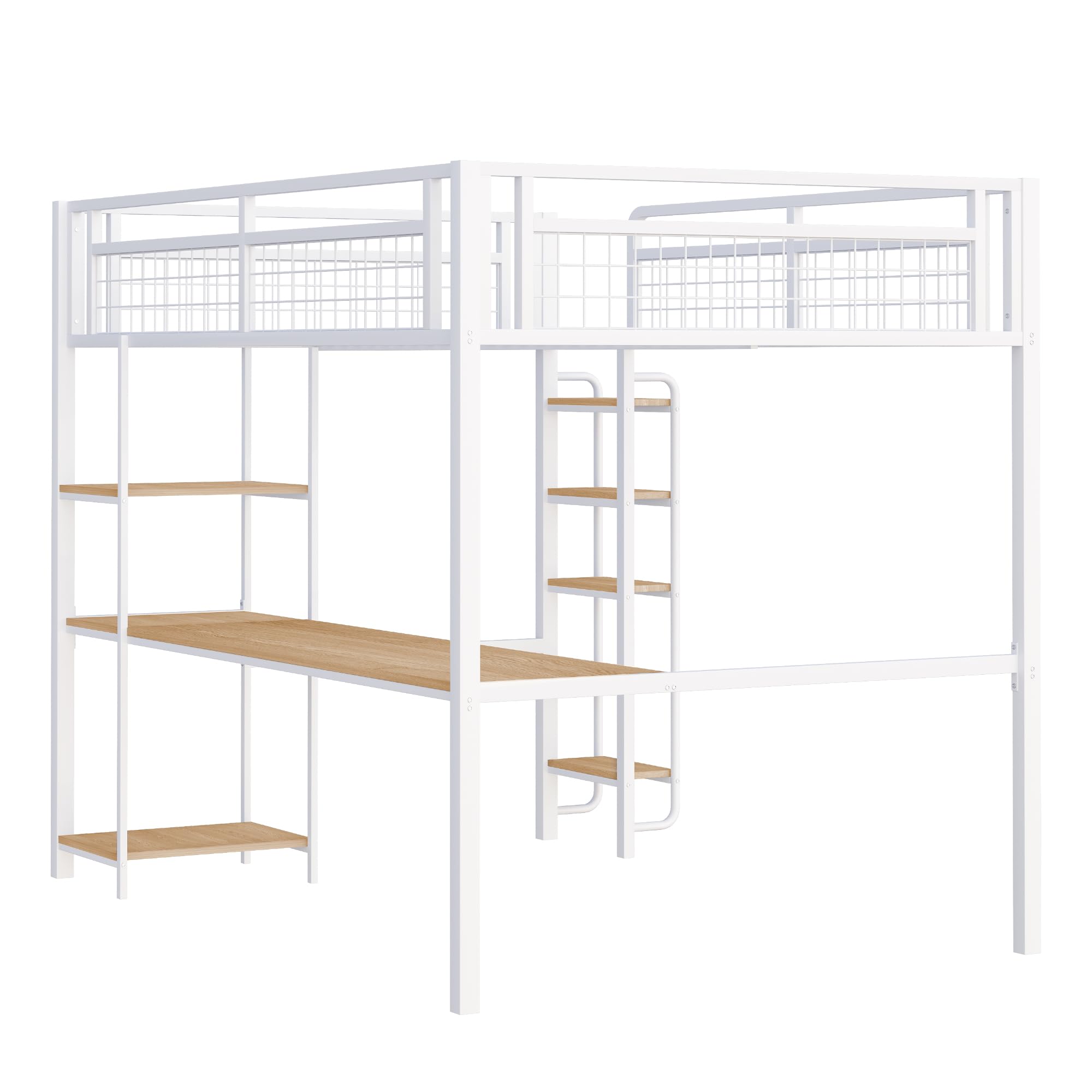 Cama alta de metal de 140 x 200 cm, escalera de seguridad con escalera, cuna con mesa y estante, cama para adultos, valla de seguridad de malla metálica (blanco, 140 x 200 cm)
