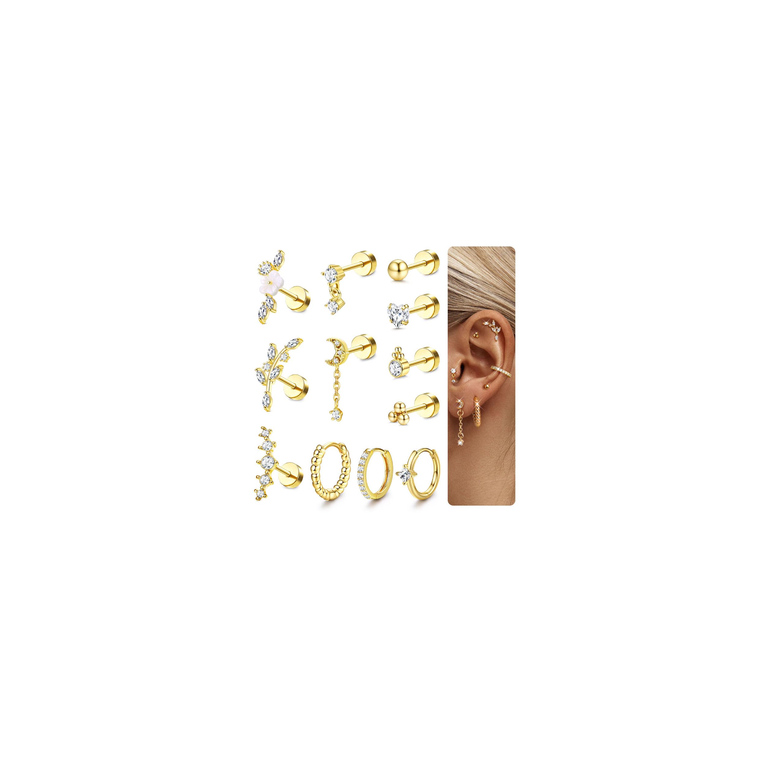 HMJGDHX 12 sztuk Helix Piercing biżuteria srebrne złote kolczyki dla kobiet chirurgiczne stalowe kolczyki z płaskim tyłem Rook Daith Conch Tragus Piercing biżuteria małe Helix Hoop kolczyki na