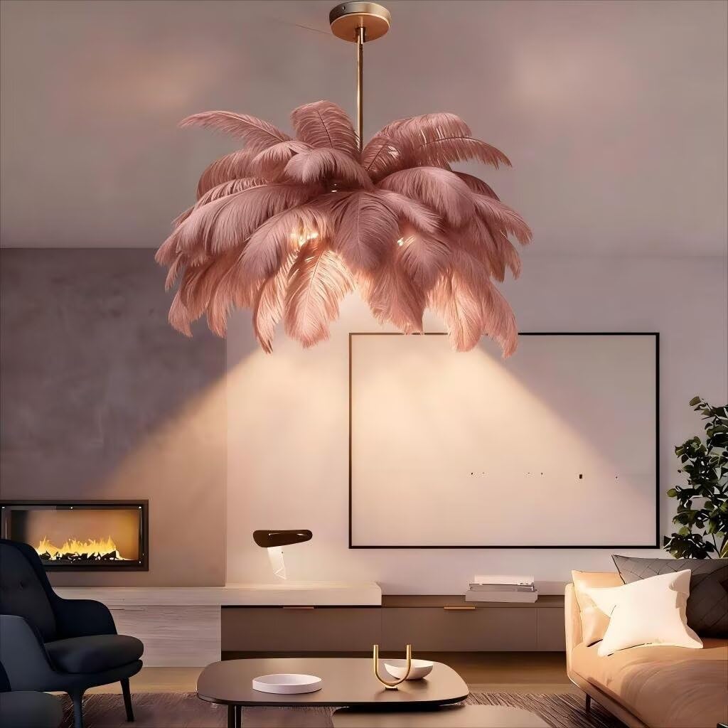 Feder-Kronleuchter, Bohnenpaste-Farbe-Flauschiger Lampenschirm Modernes LED-Pendelleuchte 6-Lichter 4500K, Naturel Feder-Deckenleuchte, für Wohnzimmer Schlafzimmer Kinderzimmer Creative Decor, φ-100cm