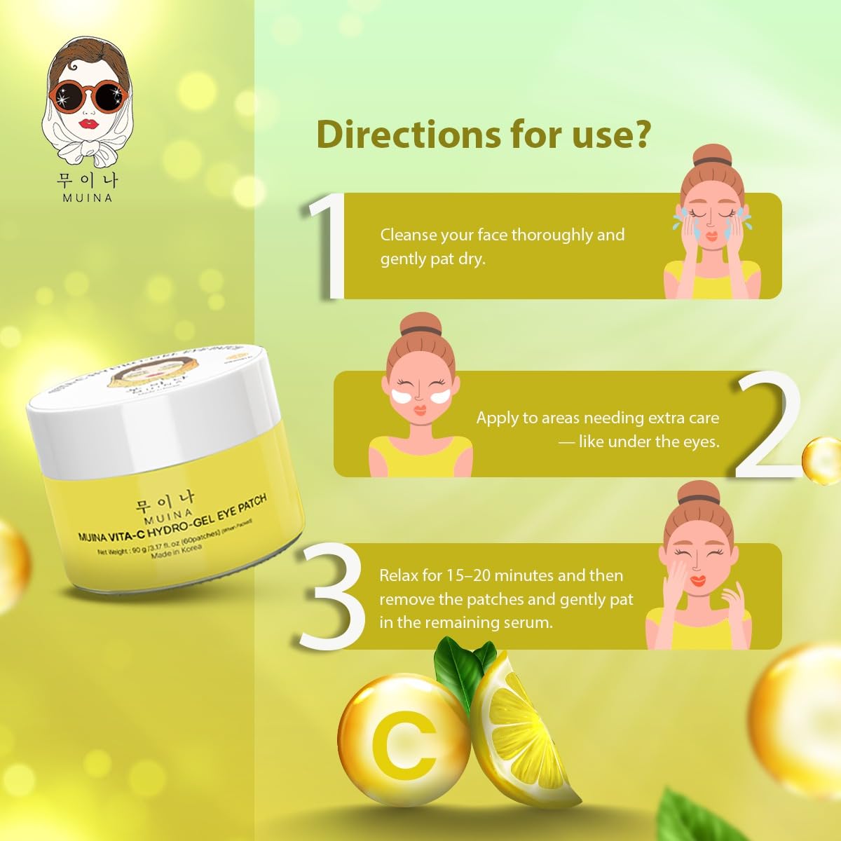 MUINA Vita-C Hydro-Gel Eye Patch with serum for Brightening & Dark Circles | Revitalising Under Eye Masks with Vitamin C | 60 Patches (30 Pairs) | Hydrating & Glow-Boosting K-Beauty 1