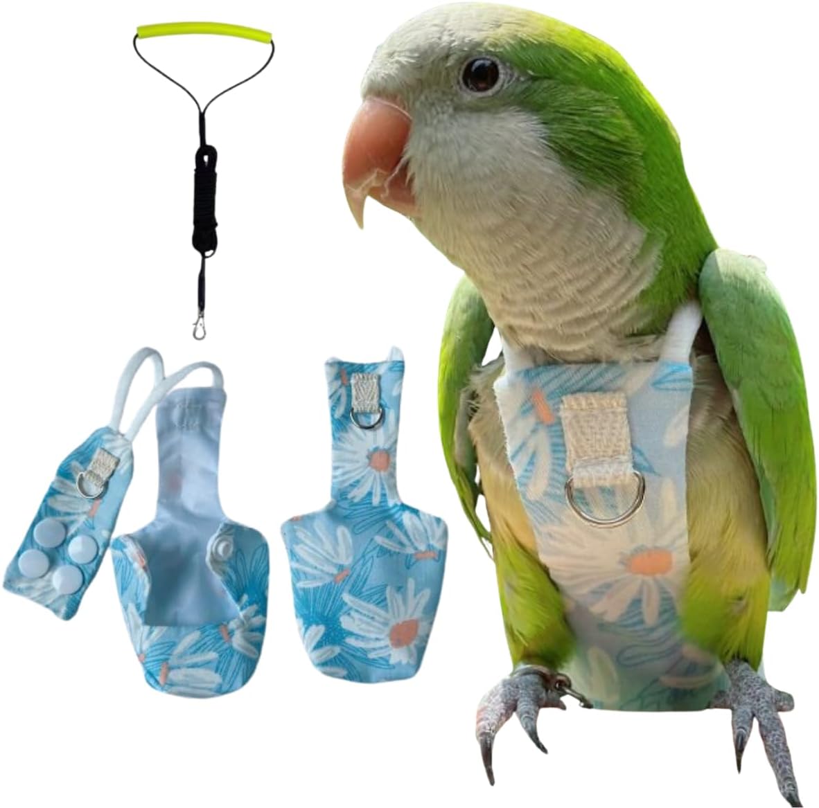 Adjustable Snap-Closure Parrot Diapers Bird Flight Suits with Waterproof Lining for Conure Quaker Parrot Clothes Outdoor Flying Harness and Leash (Blue, with Leash,Medium)