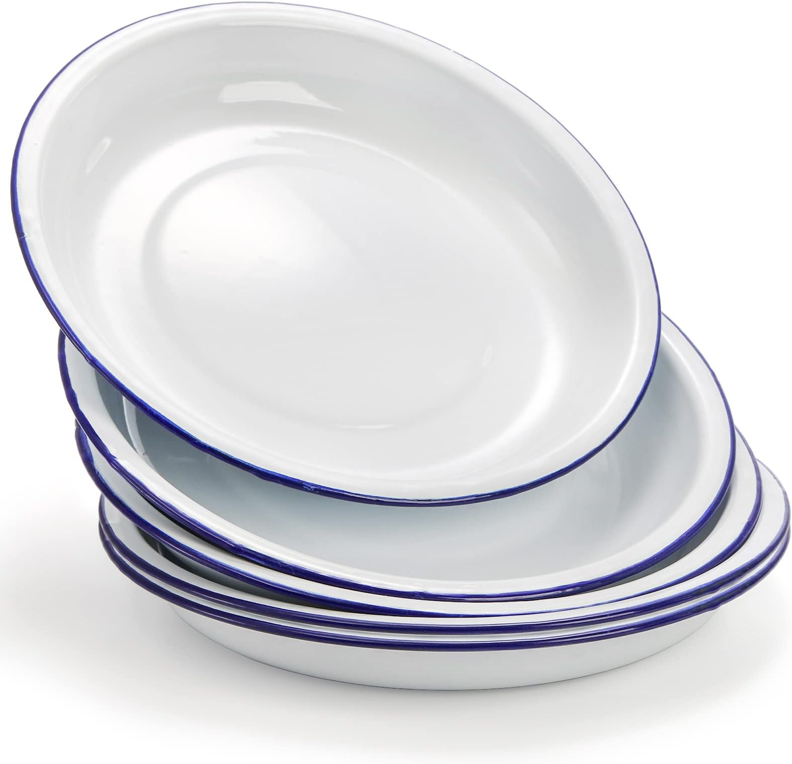 Dicunoy Set of 5 Enamel Plates, 9.5" Unbreakable Enamelware Dinner Serving Platter Trays, Retro White Round Shallow Bowls with Blue Rim for Pasta, Salad, Camping, Outdoor, Picnic, BBQ