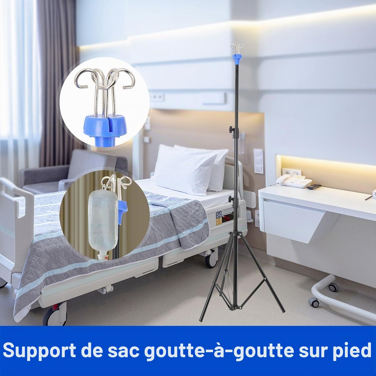 Support à perfusion intraveineuse, support pliable pour perfusion avec 4 Crochets& 3 Pieds, Support de Perche Hauteur réglable de 75 à 210 cm, Perche intraveineuse Pliable pour Les Voyages