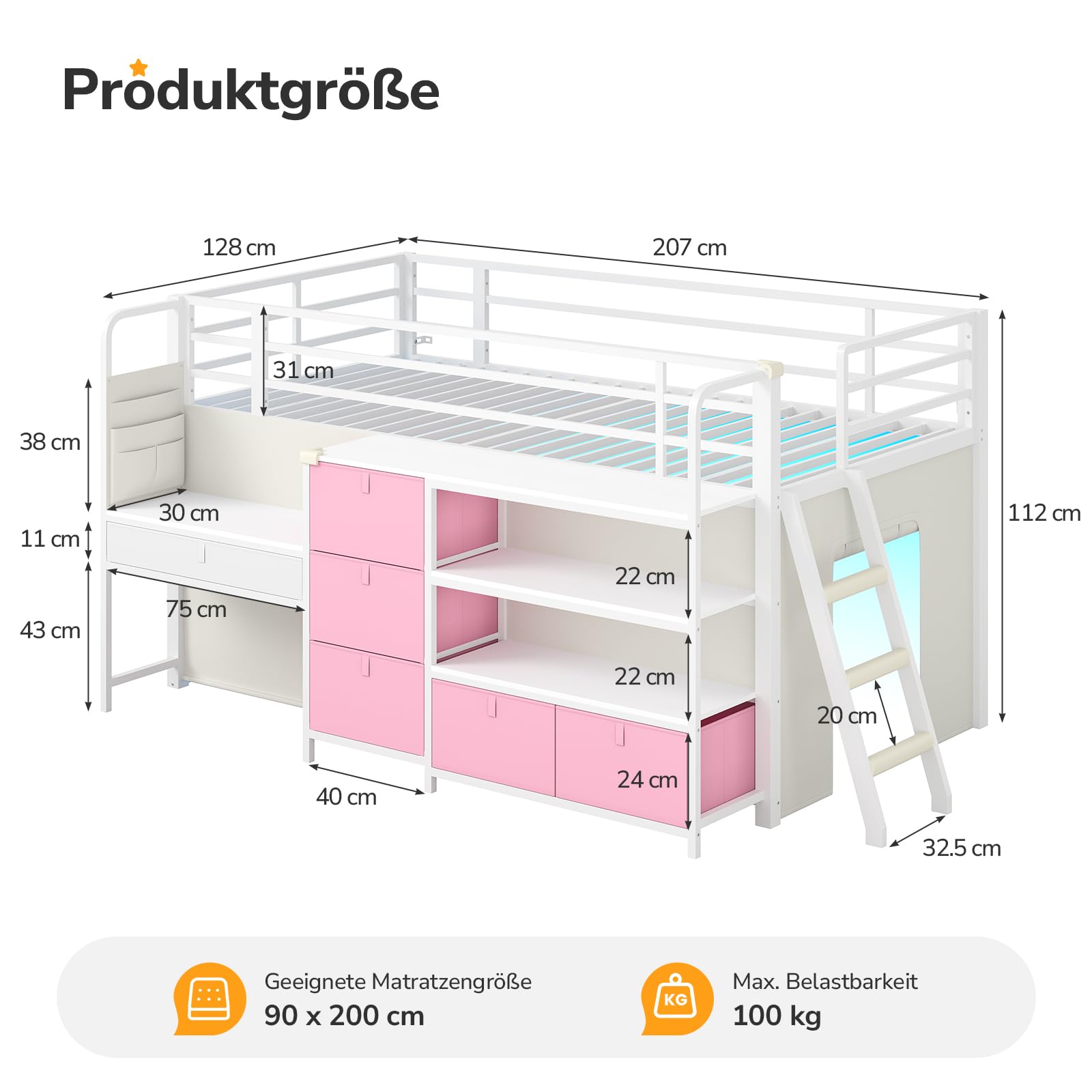 Letto a soppalco per bambini, 90 x 200 cm, bianco e rosa