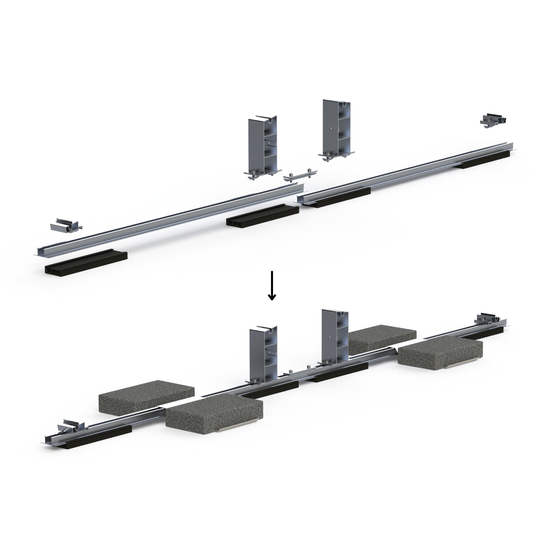 Komplette Montageset für 4 Solar Module geeignet für Flachdach, Garagedach und ebener Boden bis zu 5° Dachneigung, Aufstellungwinkel 10°, Süden oder Ost-West Ausrichtung