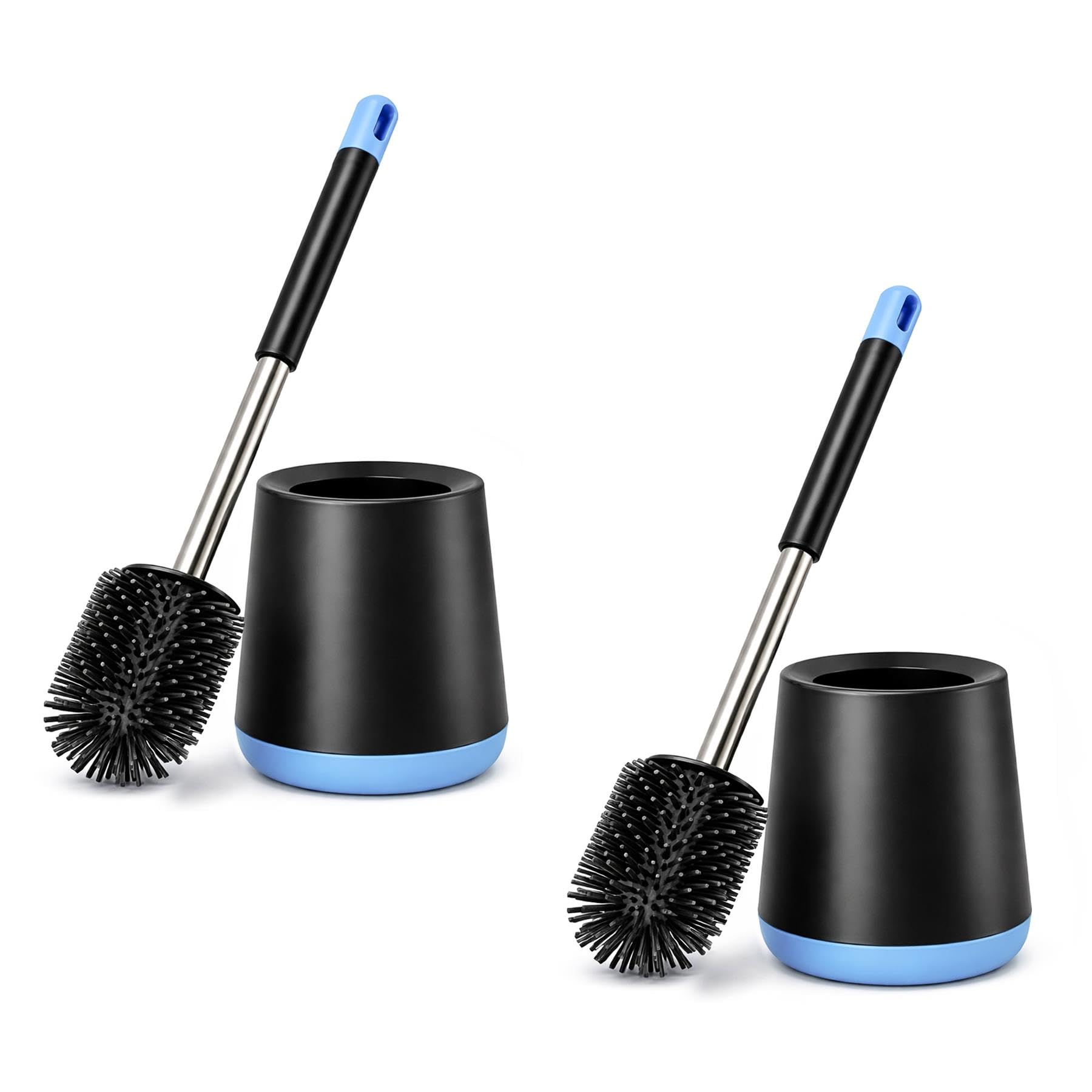 Innoteck Black & Blue Premium Silicone Toilet Brush And Holder Set (2 Pack) – 360° Flexible Non-Scratch Tpr Bristles With Detachable Drip Tray - Hygienic Under-Rim Cleaner - Sleek Black And Blue Design