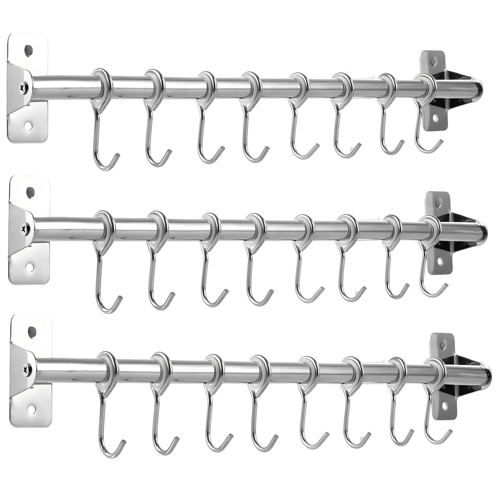 CYEER Kitchen Rail Wall Mounted Utensil Rack Set of 3, Stainless Steel Hanging Kitchen Rail with 24 Removable Hooks, Hanger Organizer Utensil for for Hanging Knives, Pot and Pan, 40cm/16inch