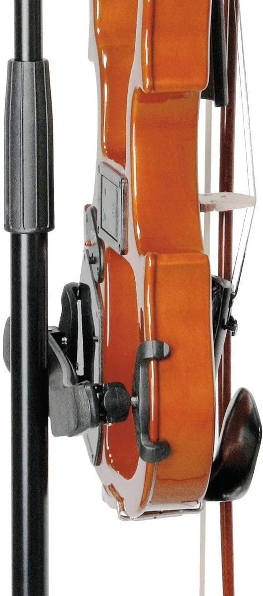 K&M 15580 Violinen-Halter Schwarz - flexible Klemmvorrichtung mit Bogenhalter, Filzbezug - für Geige und Bratsche