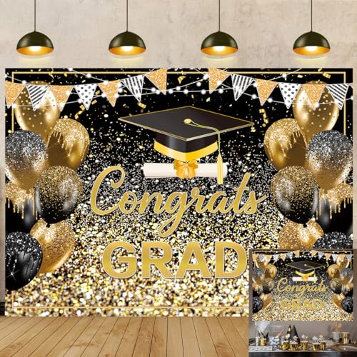 Toile de fond diplôme 2026 noire et dorée pour décoration de bal de fin d'année