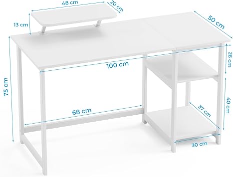 GreenForest Office Desk 100cm with Monitor Stand, Full White | Study Computer Desk, Reversible Storage Shelves, Space Saving, Easy Assembly, For Home and Small Spaces