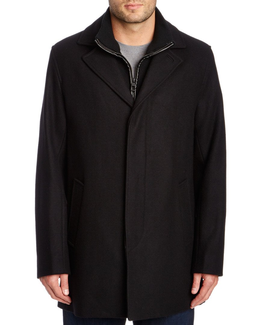cole haan Men's Classic Melton Topper Coat with Faux Leather Details, Black, Small-picture-15