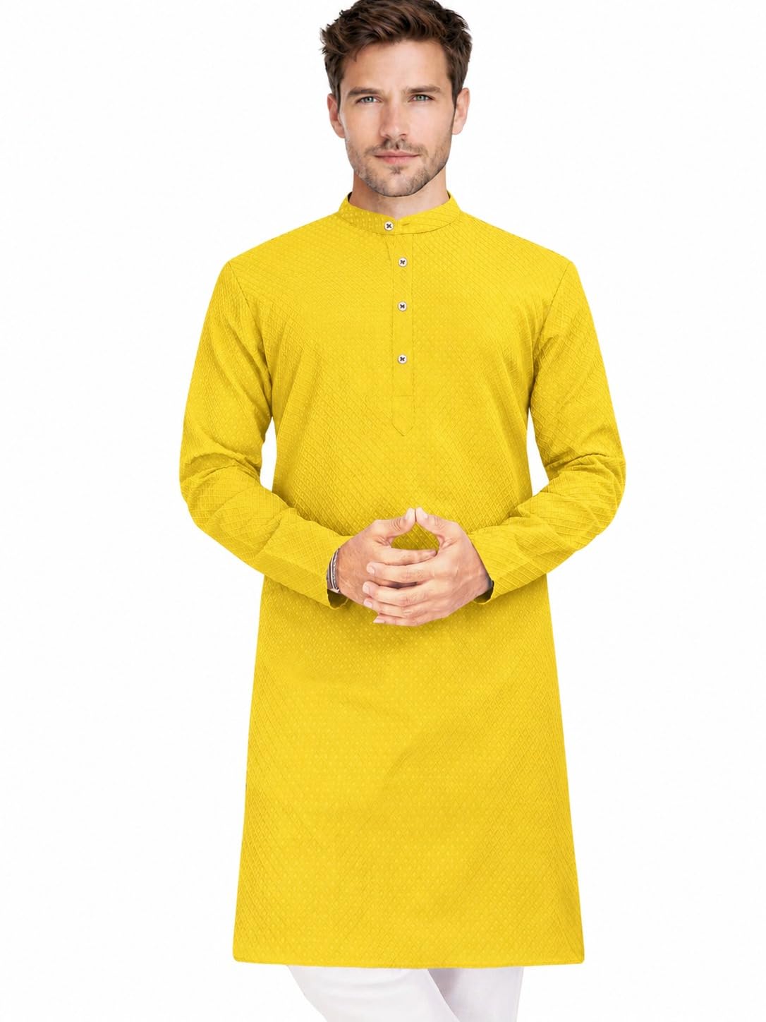 Kajukatli Kurta Pajama Set for Men | Yellow Embroidered Kurta Set | Cotton Blend Ethnic Wear Kurta Pyjama Set | Mandarin Collar Full Sleeve Regular Fit Traditional Wedding Festive