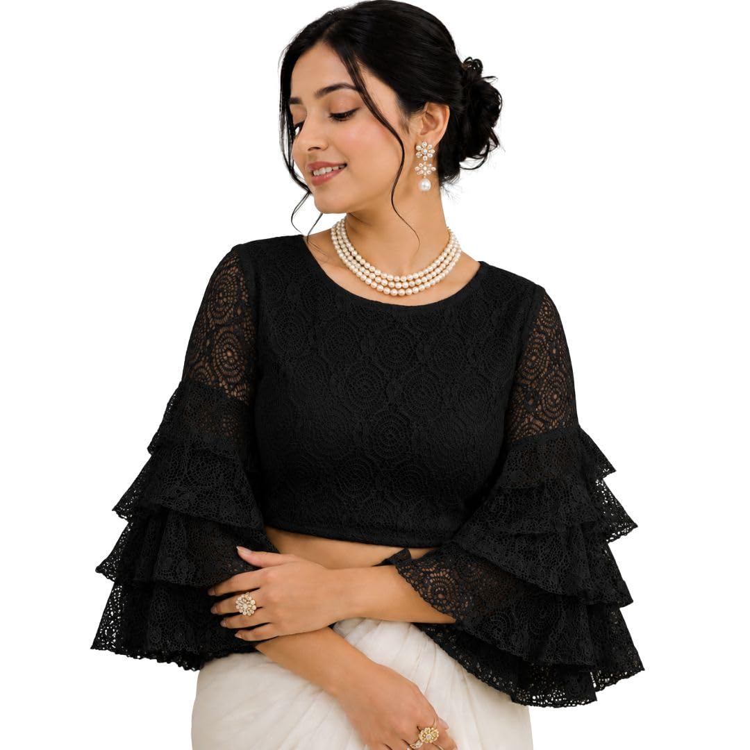 Women's Net Lace Blouse with 3 Layer Ruffle Sleeves | Round Neck Saree Blouse | Stylish Readymade Fancy Blouse for Women-image-41