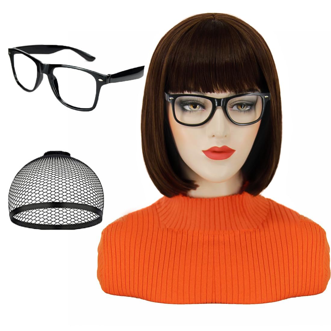PORSMEER Brown Bob Wigs for Velma Costume Women with 1*Black Glasses Short Bob Hair Wig with Bangs Natural Cute Synthetic Colorful Wigs for Party Halloween - Image 2