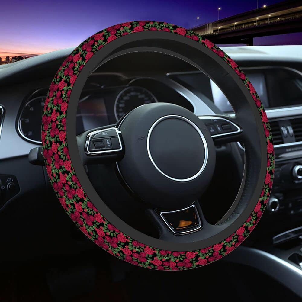 Swono Roses Red Car Steering Wheel Cover,Watercolor Red Roses with Green Leaves On The Black Safe Driving Anti-Slip Steering Wheel Covers Steering Wheel Protection Case No Smell Universal 15 Inch - Image 7