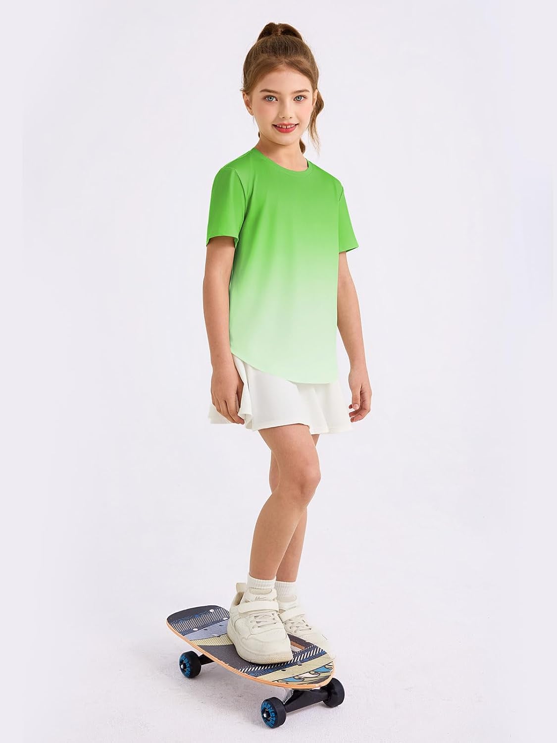 Haloumoning Girls Gradient Short Sleeve Athletic Shirts Kids Summer Crewneck Quick Dry Tees with Curved Hem 5-14 Years