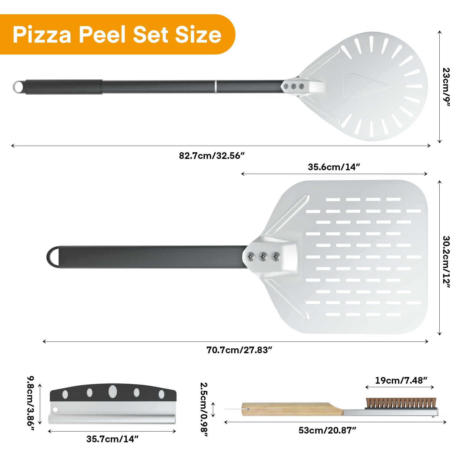Yofuly - Juego de pala de pizza de metal de 12 pulgadas con cortador de balancín, pala perforada de aluminio para horno, cepillo de limpieza de piedra de pizza con mango largo, 4 espátulas de pizza al