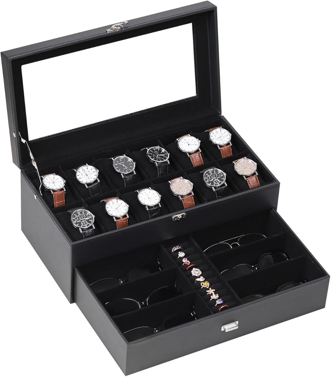 AUTOARK Leather & Velvet 12 Watch Box Jewelry Case and 6 Piece Sunglass Eyeglasses Organizer,2 Layers with 1 Drawer,Lockable,Large Glass Top,Black,MKAW039
