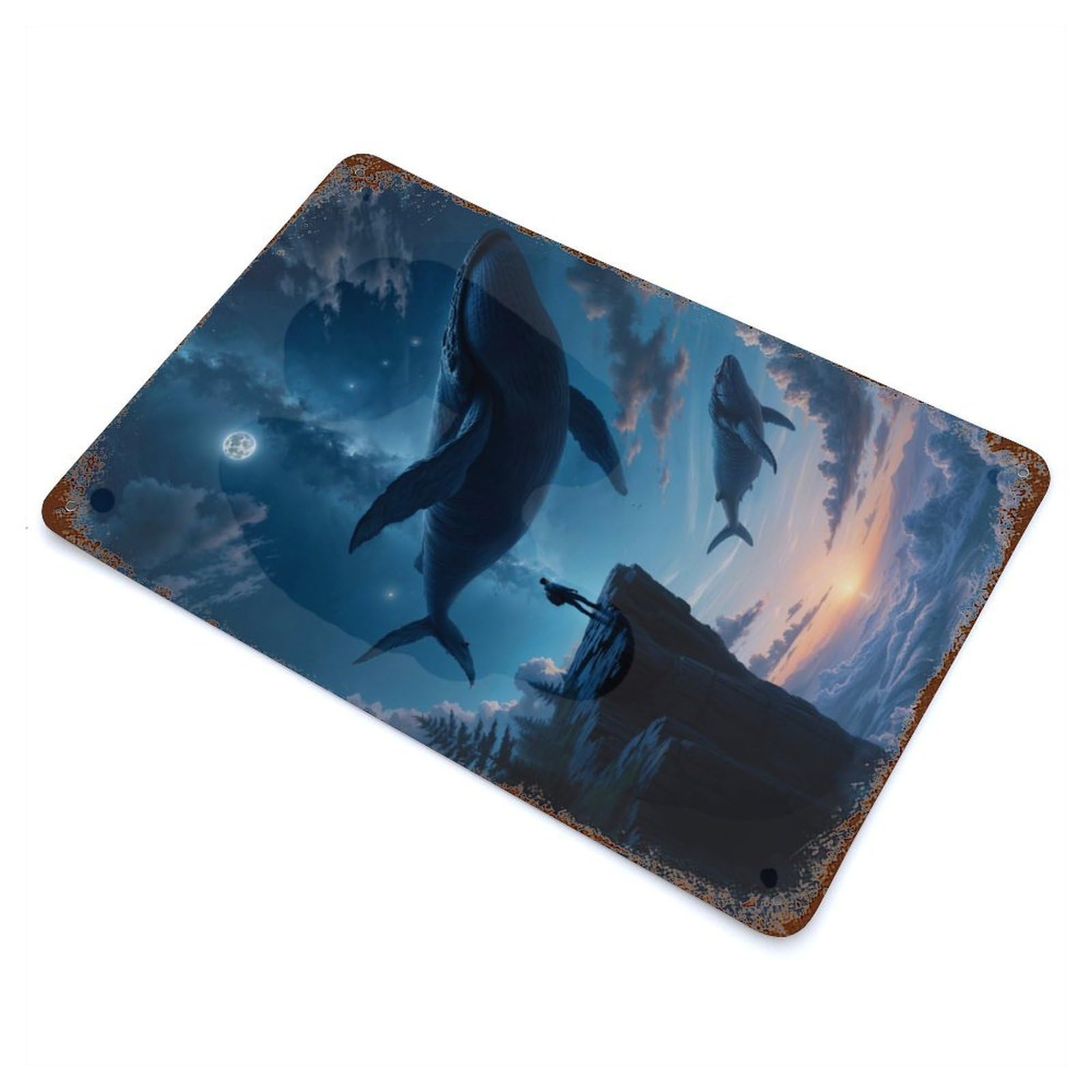 Distressed Metal Wall Sign with Flying Whales Fantasy Sunset Design 11.8"x7.9", for Living Room, Hallway And Home Decor, Vintage Wall Decor