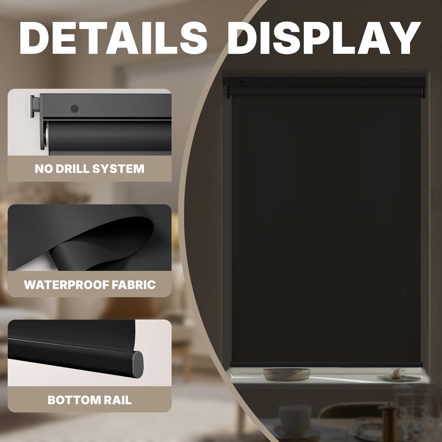 HESTIA No Drill Cordless Blackout Roller Shades Screwless Waterproof Shower Window Blinds, Auto-Retraction Easy Install Blind for Bathroom/Kitchen/Office/Exterior, Black, 22" W x 54" H 22"W x 54"H Jet Black