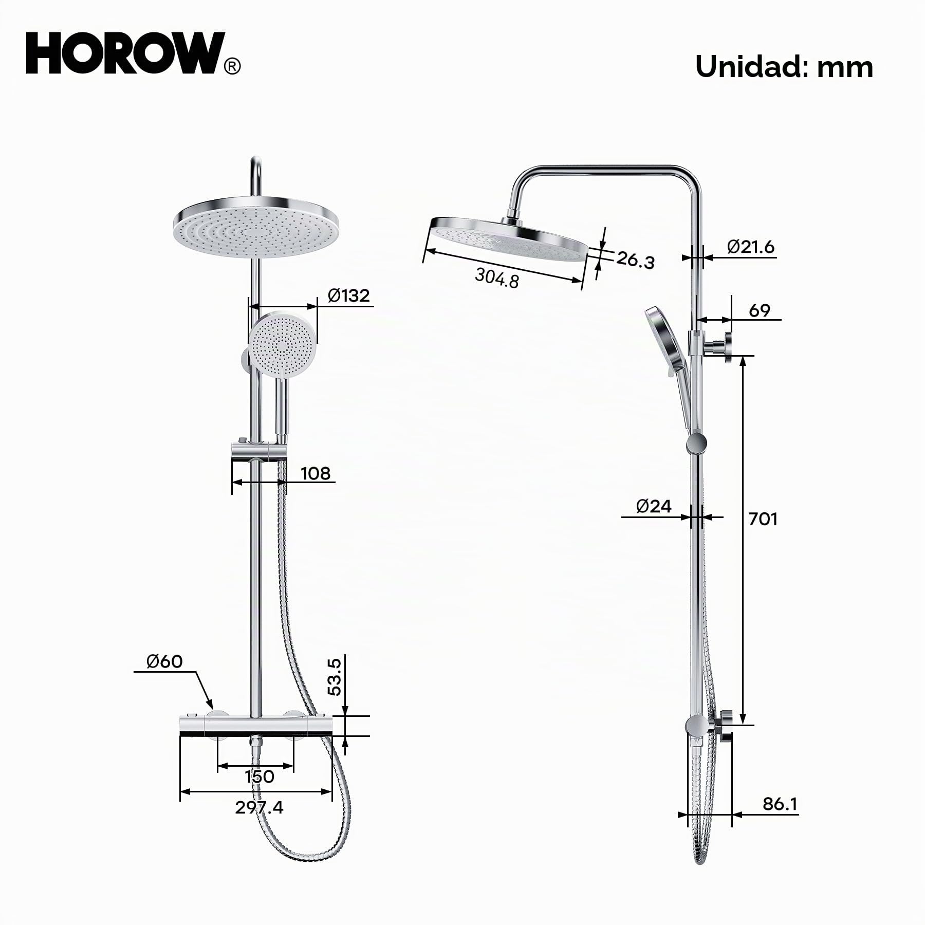 HOROW Columna de ducha termostática con altura regulable- Lluvia de Techo 30 cm + Mano 13 cm con 5 Modos, Ajustable en Altura, Acabado Cromado