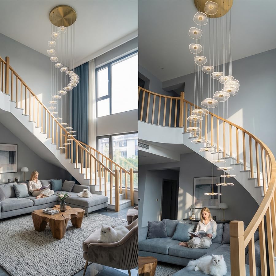 Image of ziidoo High Ceiling Chandelier - 32-Light Dimmable Modern Gold Long Spiral Luxury Linear Lotus Leaf Led Lamp Hanging Pendant Lights for Foyer Enterway Staircase Villas