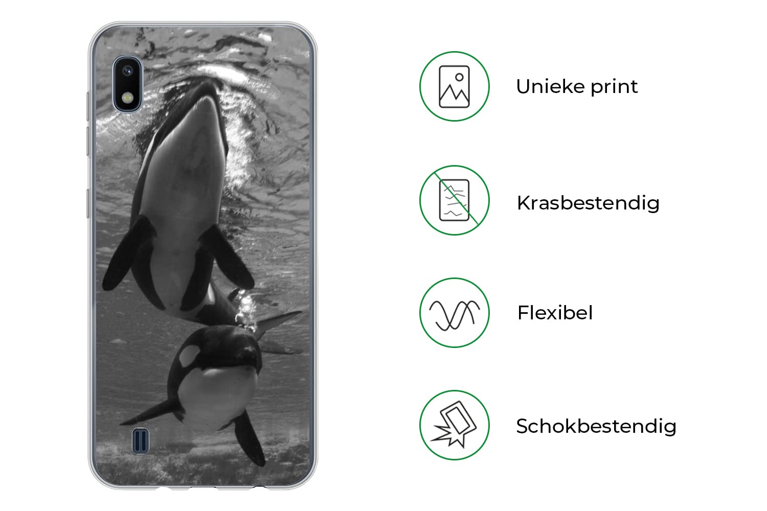 MuchoWow Funda para Samsung Galaxy A10 - Dos orcas bajo el Agua - Blanco y Negro - Funda de Silicona/Funda Blanda para teléfono móvil