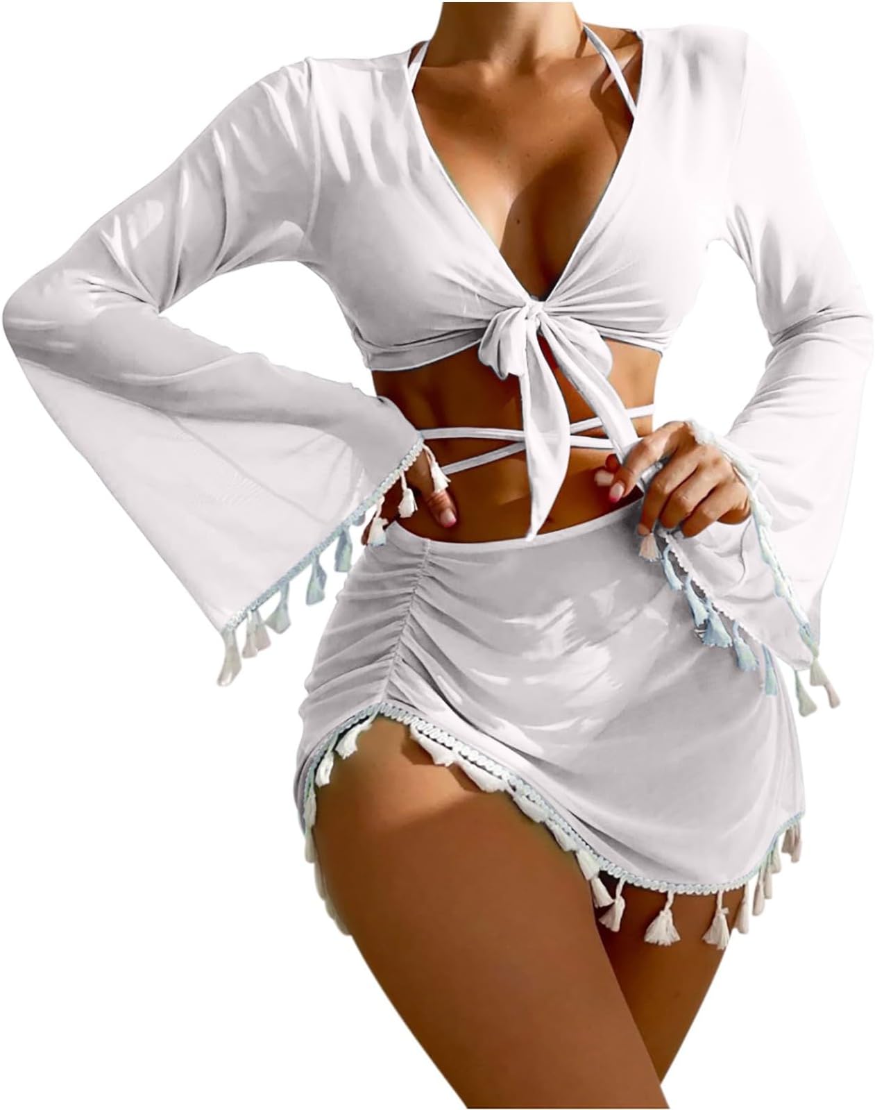 Women 4 Pieces Bikini Set Sexy String Triangle Thong Swimsuit with Long Sleeve Tassel Mesh Cover Up Fringe Mini Skirt