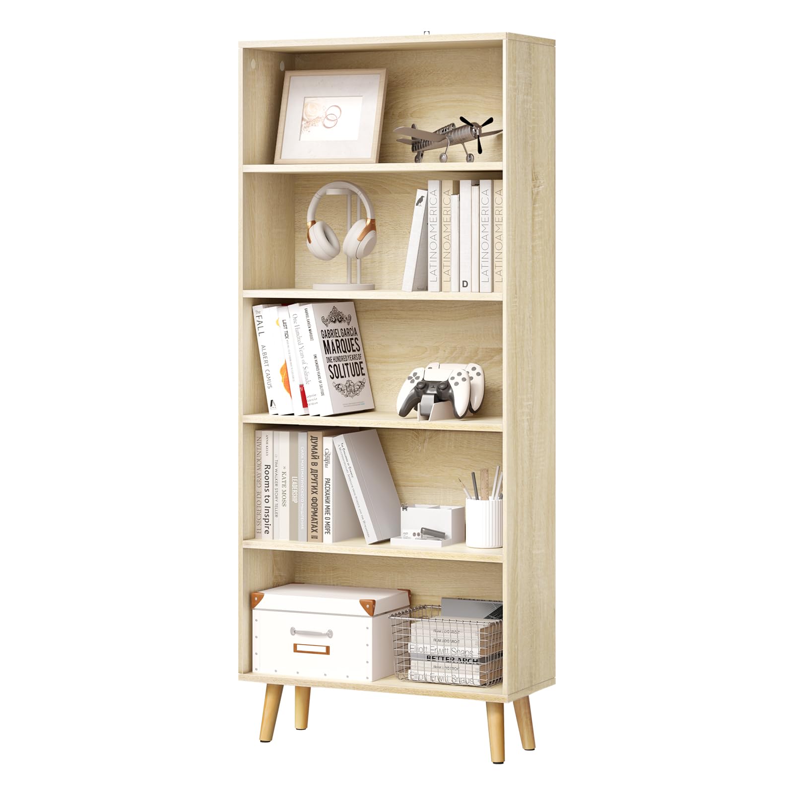 WOLTU Estanteria Libreria con 5 Niveles, Libreria para Habitacion, Estanteria Biblioteca para Libros, Estanteria de Almacenamiento para Salón, Dormitorio y Oficina, 60x24x144 cm, Roble Claro