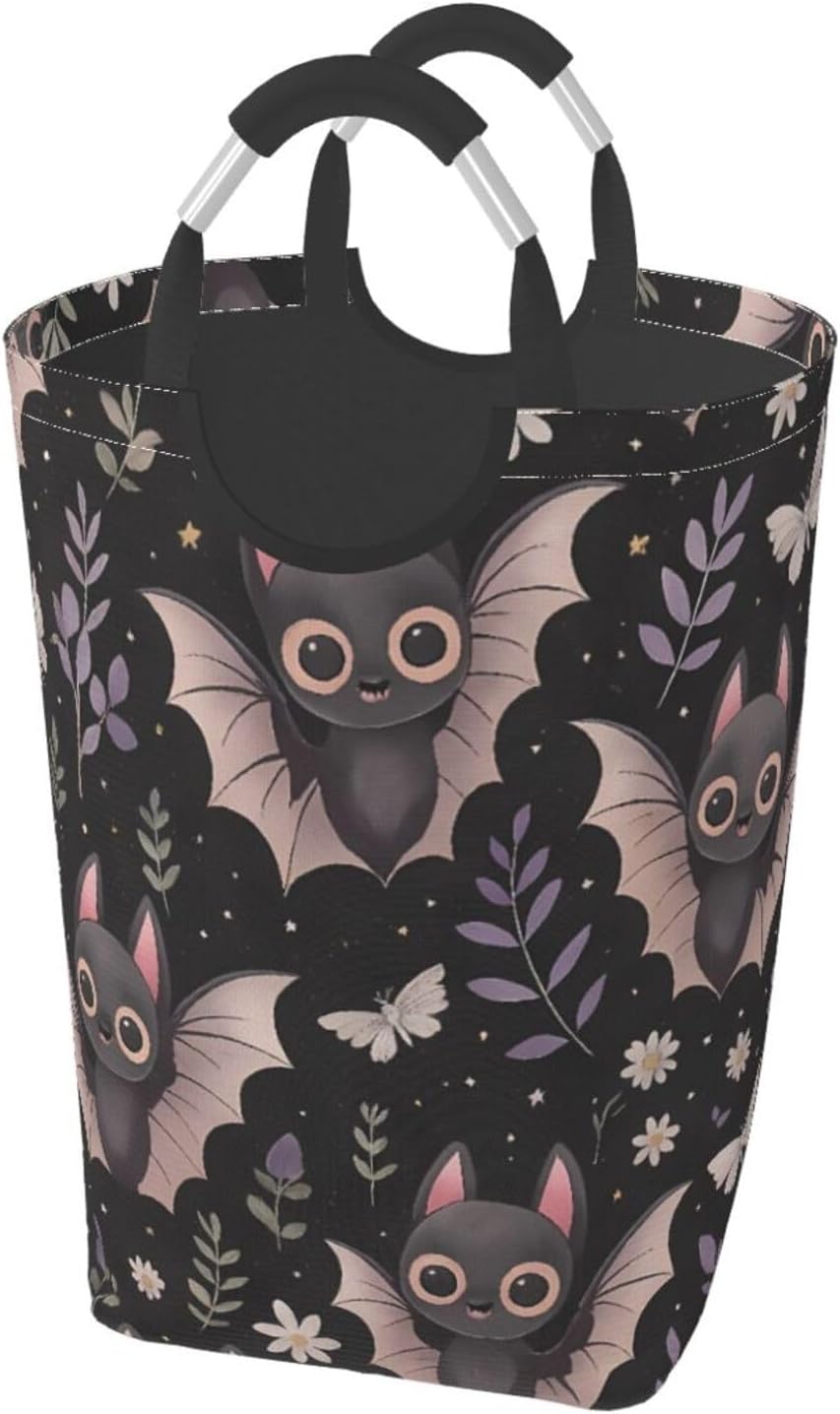 Cute Bat and Floral Square Dirty Clothes Storage Bag Clothing Basket With Handle