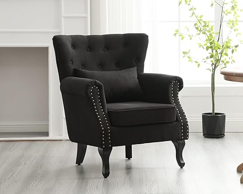 Miniatura 2 de KCC Silla decorativa moderna de mediados de siglo para sala de estar, dormitorio, silla de club tapizada con respaldo copetudo, patas de madera de