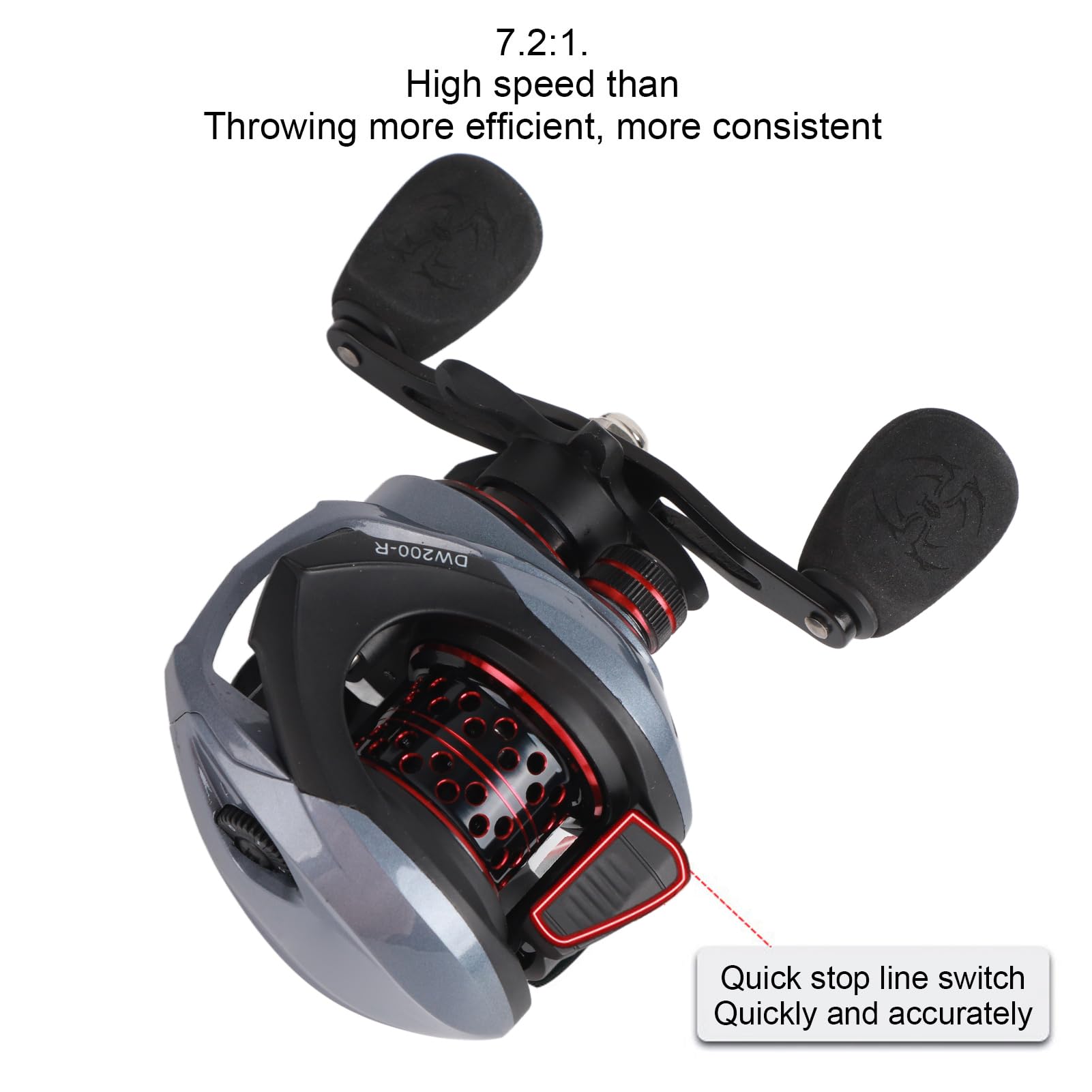 DW200 Carrete de cebo de metal con microcopa 7,2: 1 relación de transmisión 18 + 1 BB doble sistema de freno carrete para toda la pesca de agua rojo 283 g (mano derecha)