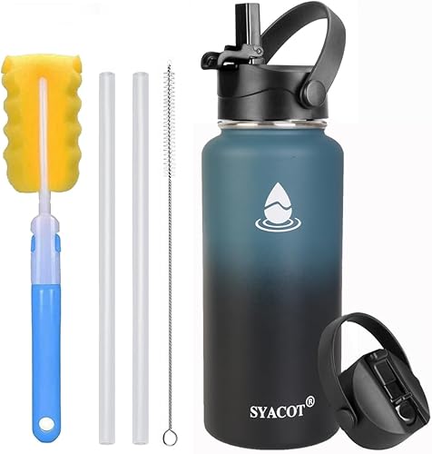 Miniatura 1 de SYACOT Botella de agua de acero inoxidable de 32 onzas, botella de agua aislada de doble pared al vacío a prueba de fugas, taza térmica de metal